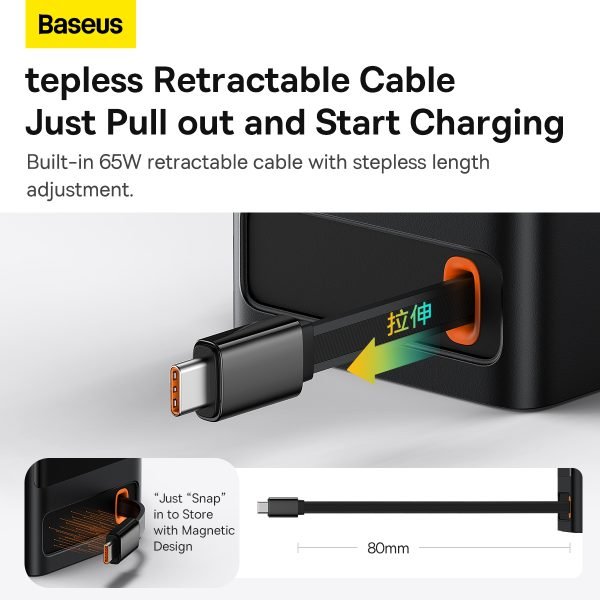 Baseus PowerCombo Digital Power Strip 3AC + USB + Type C+ Retractable-C 65W With 1.5m Power Cord CN Black - Image 8