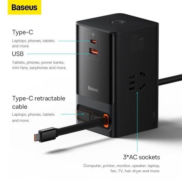 Baseus PowerCombo Digital Power Strip 3AC + USB + Type C+ Retractable-C 65W With 1.5m Power Cord CN Black - Image 3