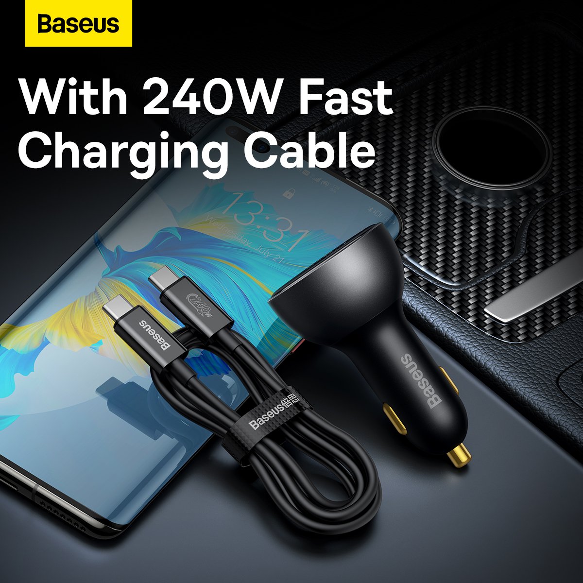 Baseus Digital Display PD3.1 Dual Fast Charger Car Charger U+C 140W Set  Obsidian Black With C To C 240W 1m Black - Baseus Official Store