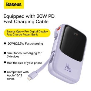 Baseus Qpow Pro 20W Digital Display Fast Charge Power Bank 10000mAh With iPhone Cable White