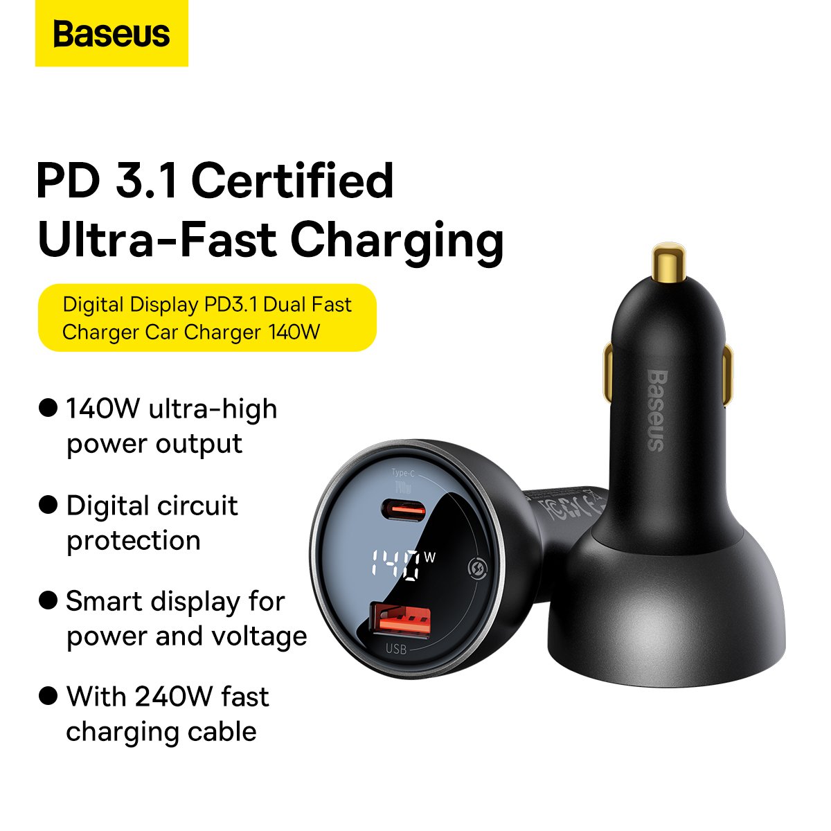 Baseus Digital Display PD3.1 Dual Fast Charger Car Charger U+C 140W Set  Obsidian Black With C To C 240W 1m Black - Baseus Official Store