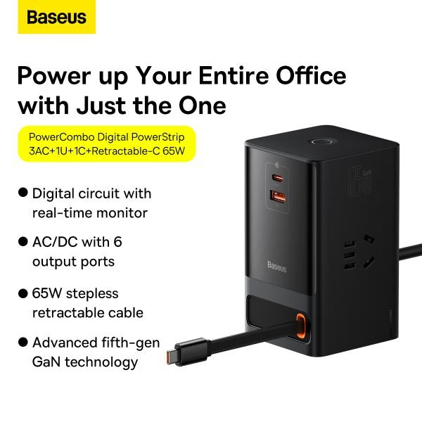Baseus PowerCombo Digital Power Strip 3AC + USB + Type C+ Retractable-C 65W With 1.5m Power Cord CN Black - Image 2